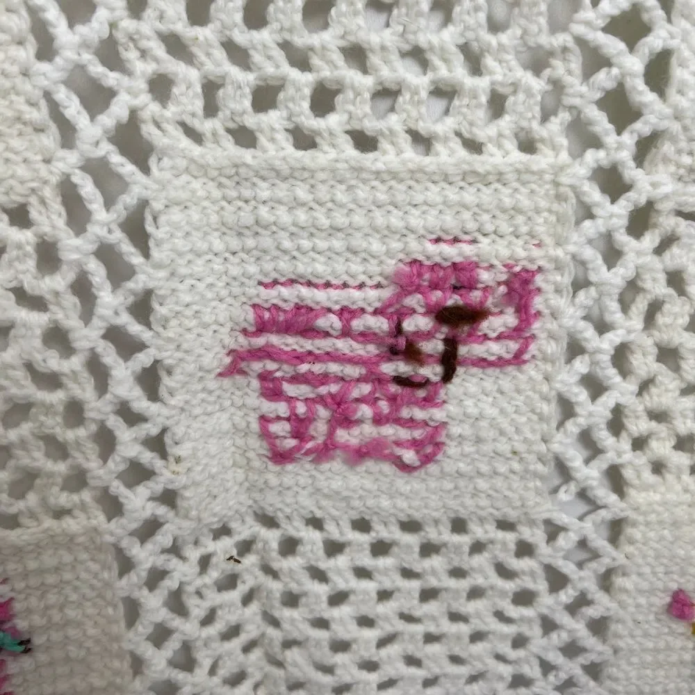 Vtg Handmade‎ Crotchet Baby Blanket W/ Animal Cross Stitch Pattern Nursery Decor